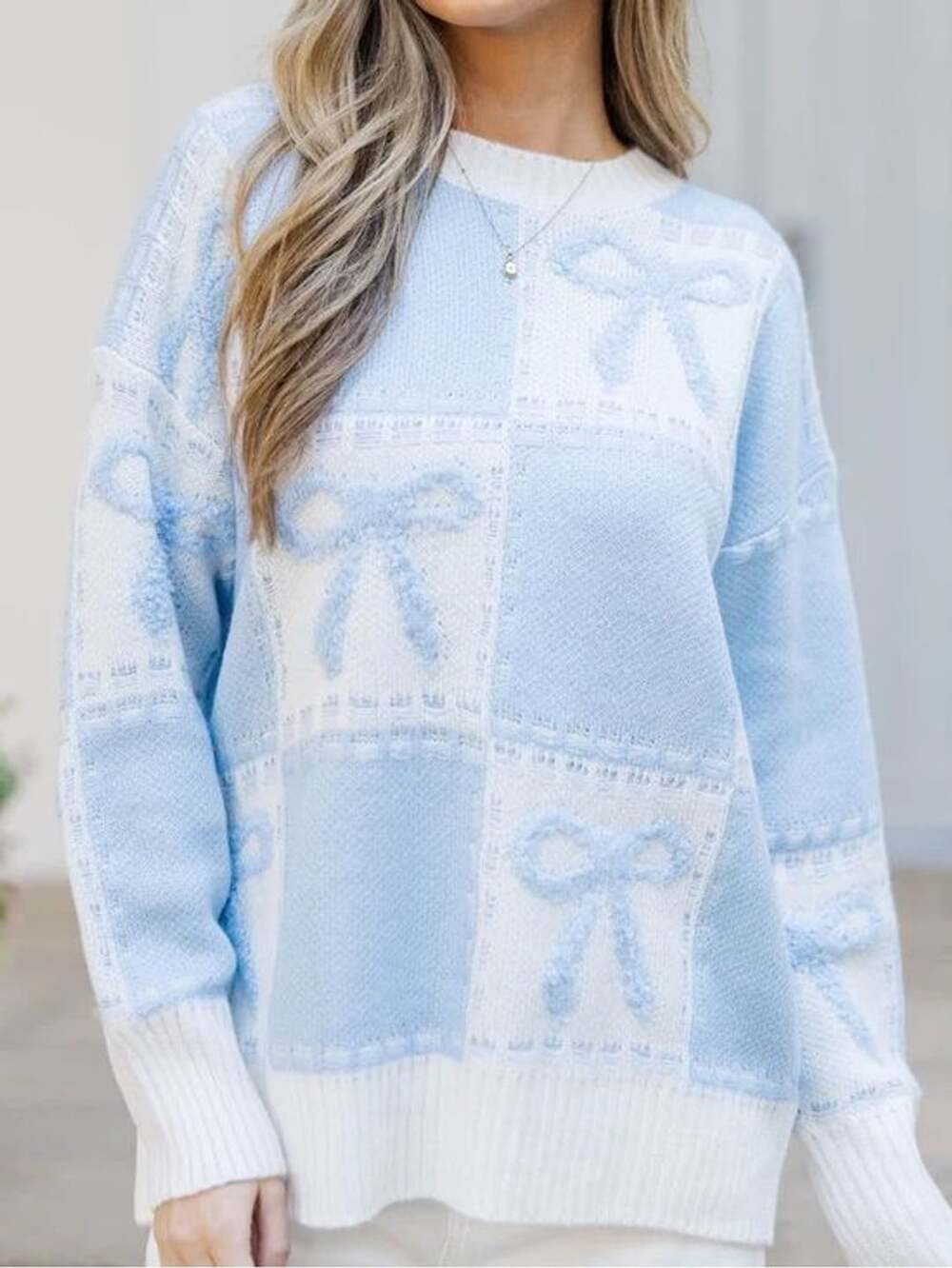Altar'd State Light Blue Checkered 3D Bow Knit Sweater